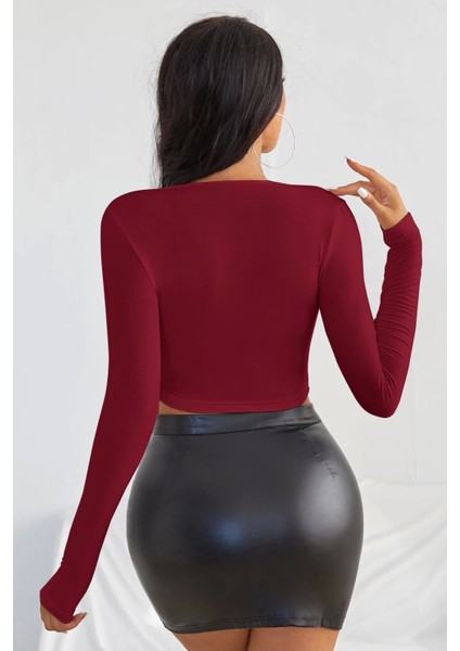 Kadın Bordo Uzun Kol Kare Yaka Crop Top Bluz