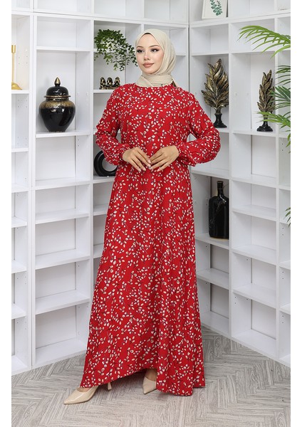Viskon Kumaş Desenli Elbise 0055-04 Kırmızı