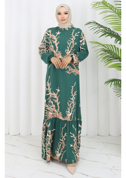 Viskon Kumaş Desenli Elbise 2040-06 Yeşil Vizon