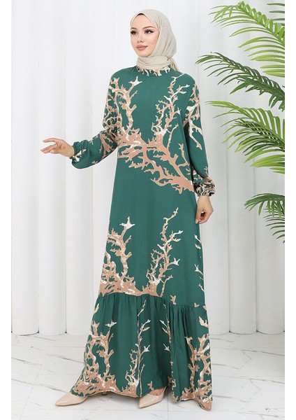 Viskon Kumaş Desenli Elbise 2040-06 Yeşil Vizon fiyatları