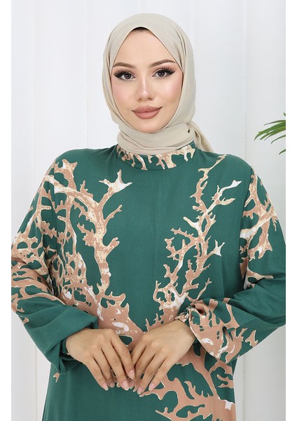 Viskon Kumaş Desenli Elbise 2040-06 Yeşil Vizon modelleri
