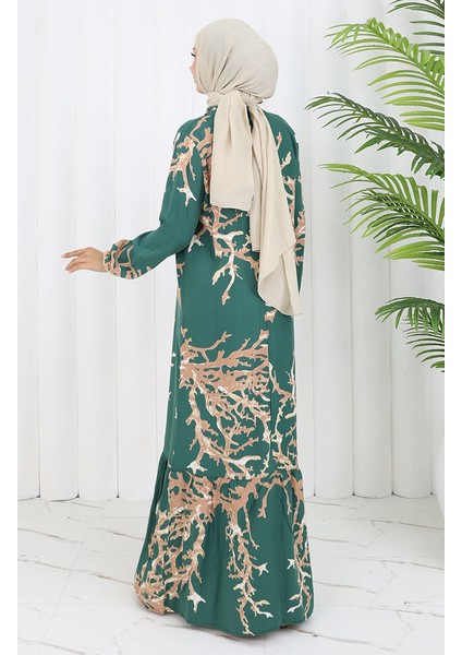 Viskon Kumaş Desenli Elbise 2040-06 Yeşil Vizon indirimleri