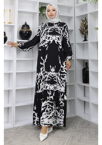 Viskon Kumaş Desenli Elbise 2040-07 Siyah Beyaz