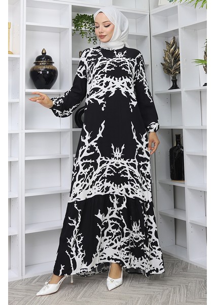 Viskon Kumaş Desenli Elbise 2040-07 Siyah Beyaz fiyatları
