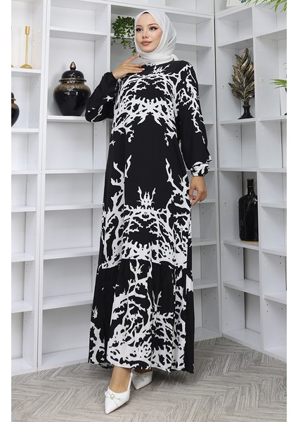 Viskon Kumaş Desenli Elbise 2040-07 Siyah Beyaz modelleri