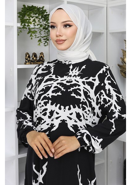 Viskon Kumaş Desenli Elbise 2040-07 Siyah Beyaz fırsatları