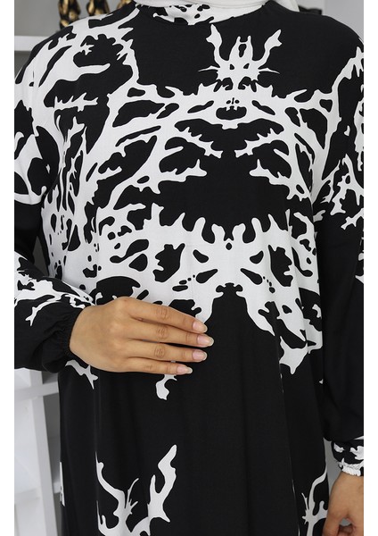 Viskon Kumaş Desenli Elbise 2040-07 Siyah Beyaz indirimleri