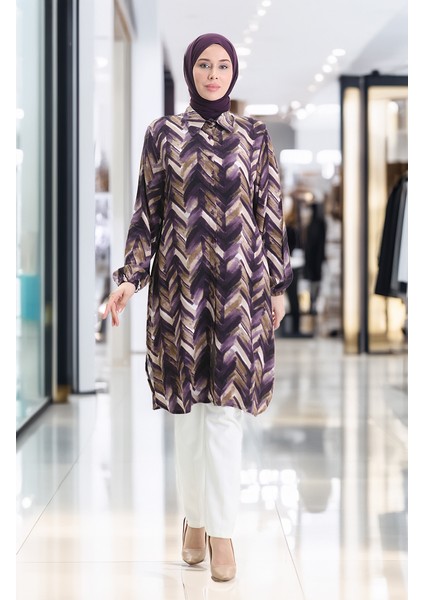 Viskon Düğmeli Tunik 992032G-01 Mürdüm Kahverengi