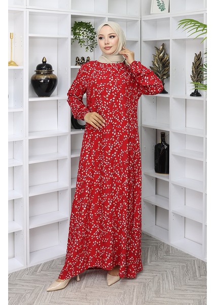 Viskon Kumaş Desenli Elbise 0055-04 Kırmızı fiyatları