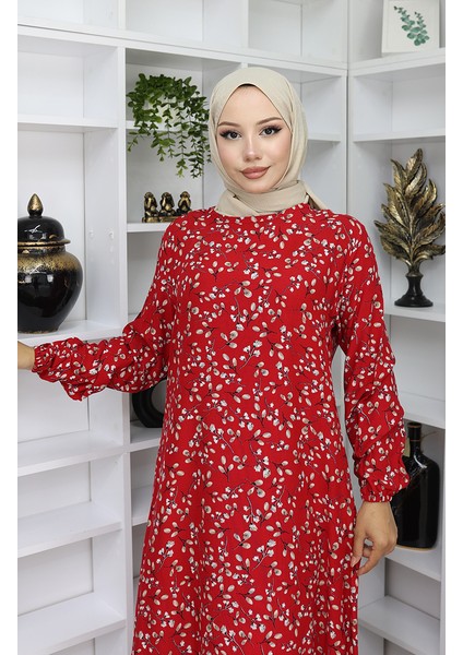 Viskon Kumaş Desenli Elbise 0055-04 Kırmızı modelleri