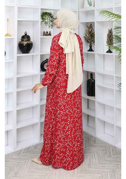 Viskon Kumaş Desenli Elbise 0055-04 Kırmızı indirimleri