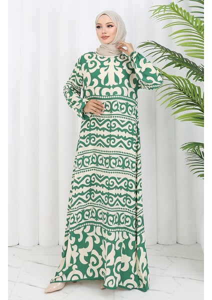 Viskon Kumaş Desenli Elbise 0057-02 Yeşil Bej fiyatları