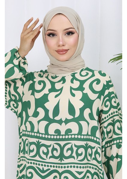 Viskon Kumaş Desenli Elbise 0057-02 Yeşil Bej modelleri