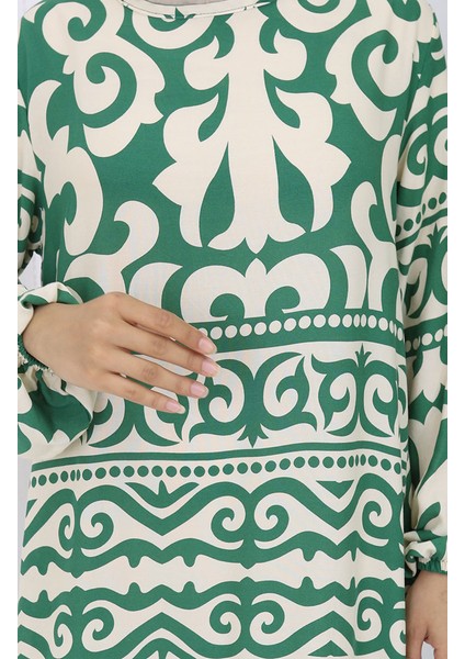 Viskon Kumaş Desenli Elbise 0057-02 Yeşil Bej fırsatları