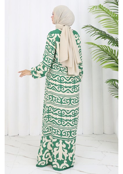 Viskon Kumaş Desenli Elbise 0057-02 Yeşil Bej indirimleri