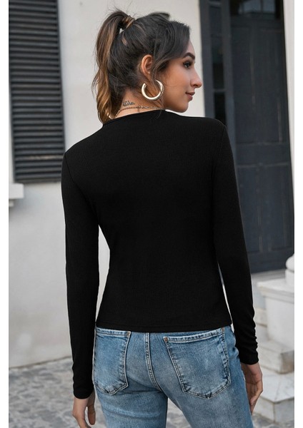 Kadın Siyah Uzun Kollu Fit Basic Crop Top Bluz