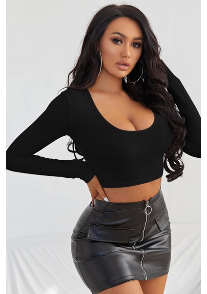 Kadın Siyah Uzun Kol Kare Yaka Crop Top Bluz