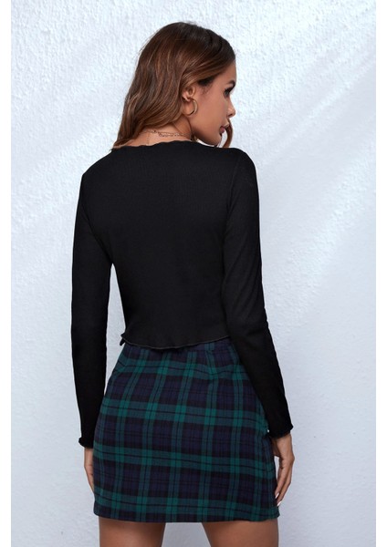 Kadın Siyah Uzun Kollu Önden Bağlama Detaylı Crop Top Bluz