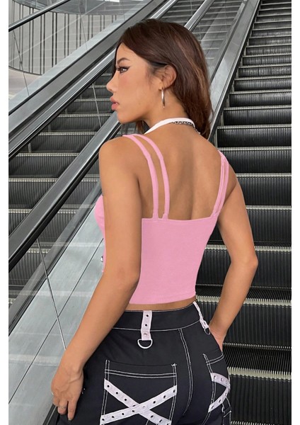 Kadın Pembe Beyaz Çift Renk Çapraz Askılı Crop Top Bluz