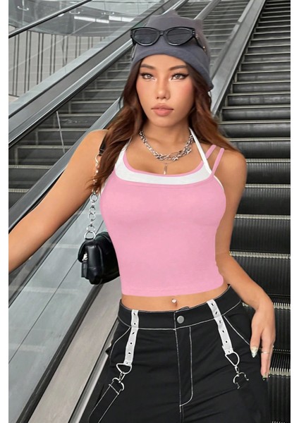 Kadın Pembe Beyaz Çift Renk Çapraz Askılı Crop Top Bluz