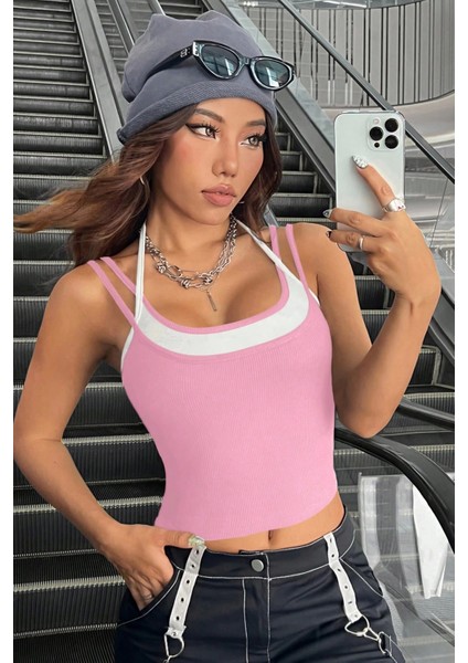 Kadın Pembe Beyaz Çift Renk Çapraz Askılı Crop Top Bluz