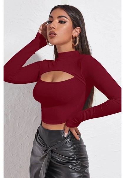 Kadın Bordo Göğüs Dekolteli Uzun Kollu Cut Out Crop Top Bluz