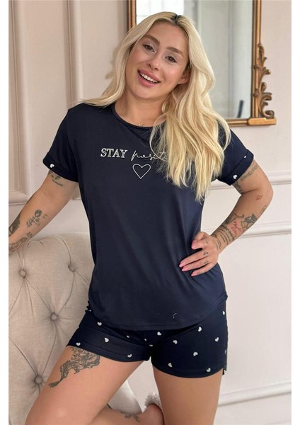 Lacivert Stay Positive Desenli Bambu Kısa Kol Kadın Şortlu Pijama Takımı