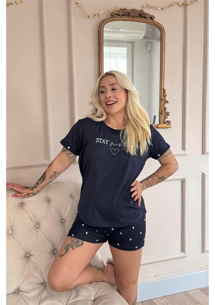 Lacivert Stay Positive Desenli Bambu Kısa Kol Kadın Şortlu Pijama Takımı