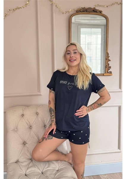 Lacivert Stay Positive Desenli Bambu Kısa Kol Kadın Şortlu Pijama Takımı