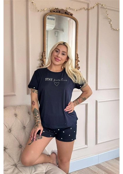 Lacivert Stay Positive Desenli Bambu Kısa Kol Kadın Şortlu Pijama Takımı