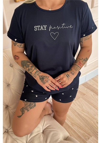 Lacivert Stay Positive Desenli Bambu Kısa Kol Kadın Şortlu Pijama Takımı