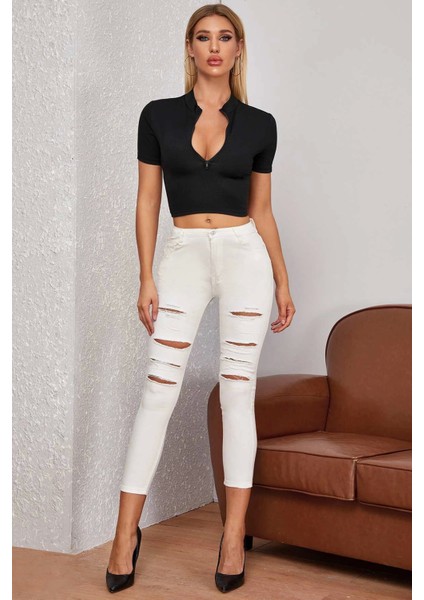 Kadın Siyah Yarım Fermuarlı ve Kısa Kollu Crop Top Bluz