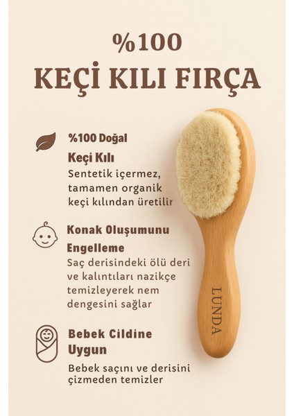 %100 Doğal Keçi Kılı Bebek Fırçası & Ahşap Tarak & Anı Kartı & Kese Hediyeli 4'lü Set
