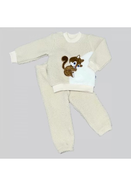 1-2-3 Yaş Masum Yavru Sincap Nakışlı Kuzu Kumaş Sweat Pantolon 2li Kız Erkek Bebek Takımı Bej