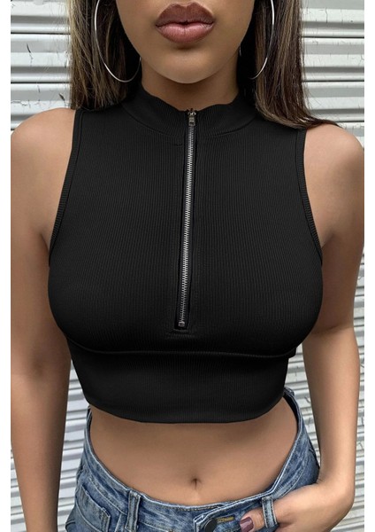Kadın Siyah Yarım Fermuarlı Sıfır Kol Crop Top Bluz indirimleri