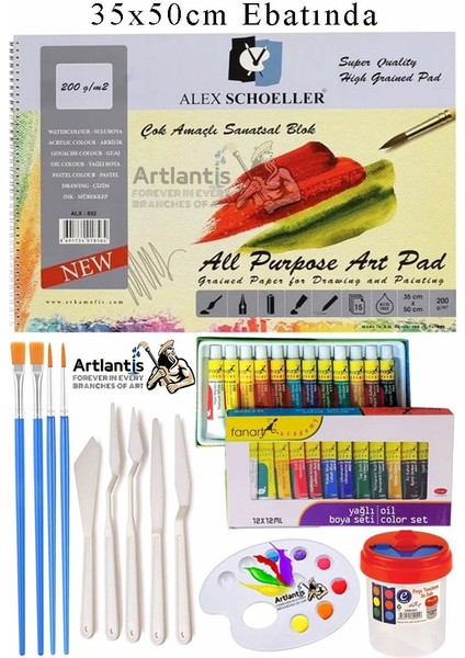 Alex Schoeller Çok Amaçlı Sanatsal Blok 35X50 200 gr 15 Yaprak Fanart 12 Renk 12 ml Yağlı Boya Plastik Spatula Fırça