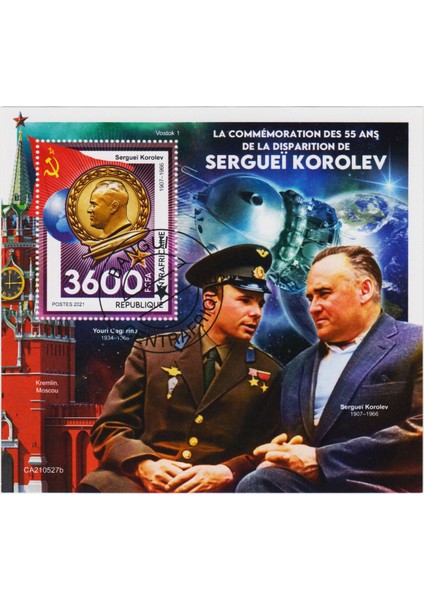 Orta Afrika Cumhuriyeti Hatıra Blok Pul 2021 - Sergey Korolov - Uzay - Orak-Çekiç. Damgalı.