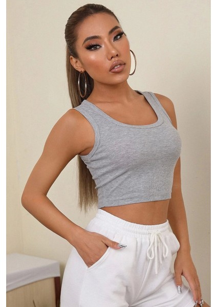 Kadın Gri Kare Yaka Crop Top Bluz