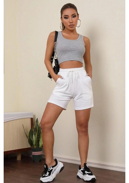 Kadın Gri Kare Yaka Crop Top Bluz