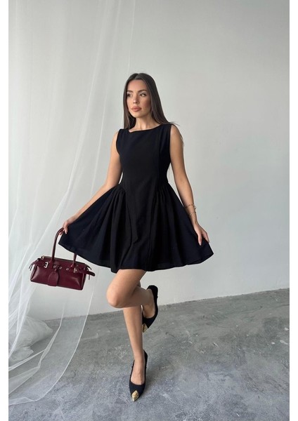 Siyah Mini Boy Büzgülü Keten Elbise