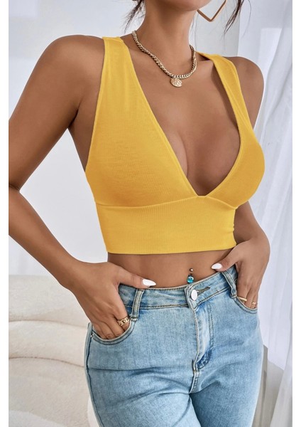 Kadın Sarı Çapraz Sırt Detaylı Şık Crop Top Büstiyer