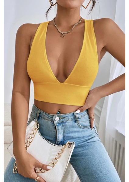 Kadın Sarı Çapraz Sırt Detaylı Şık Crop Top Büstiyer