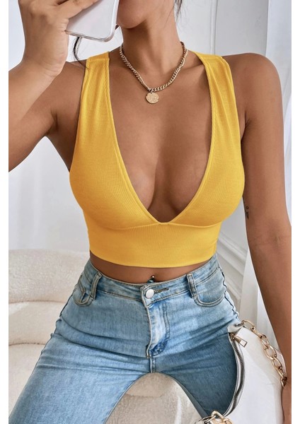 Kadın Sarı Çapraz Sırt Detaylı Şık Crop Top Büstiyer