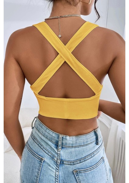 Kadın Sarı Çapraz Sırt Detaylı Şık Crop Top Büstiyer