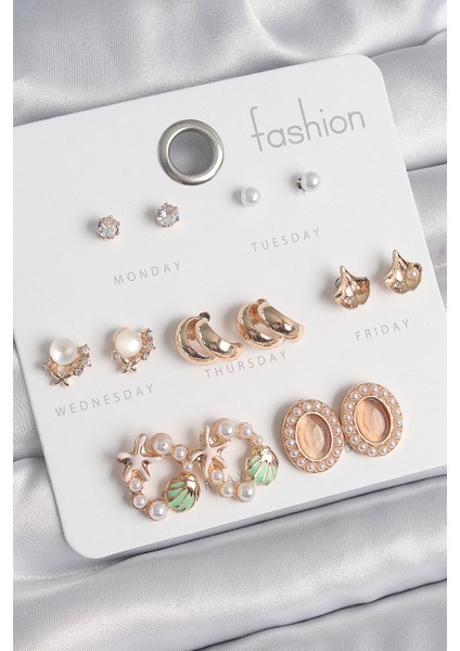 Pirinç Gold Renk Zirkon Taşlı Halka Deniz Yıldızı Figür Inci Detay 7 Çift Kadın Küpe Seti