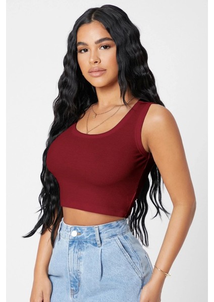 Kadın Bordo Kare Yaka Crop Top Bluz