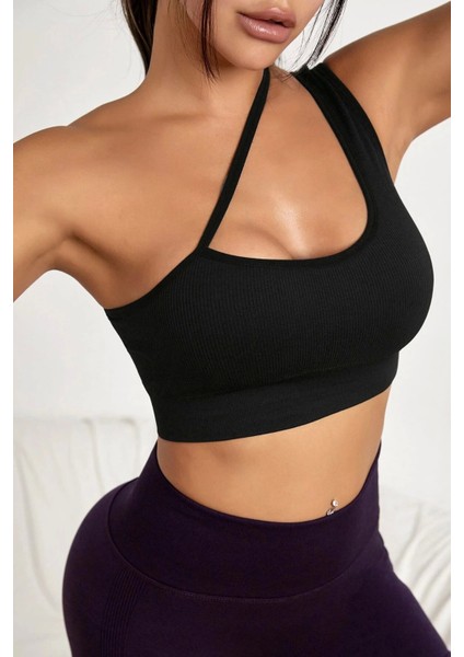 Kadın Siyah Tek Omuzlu Çapraz Askılı Crop Top Büstiyer modelleri