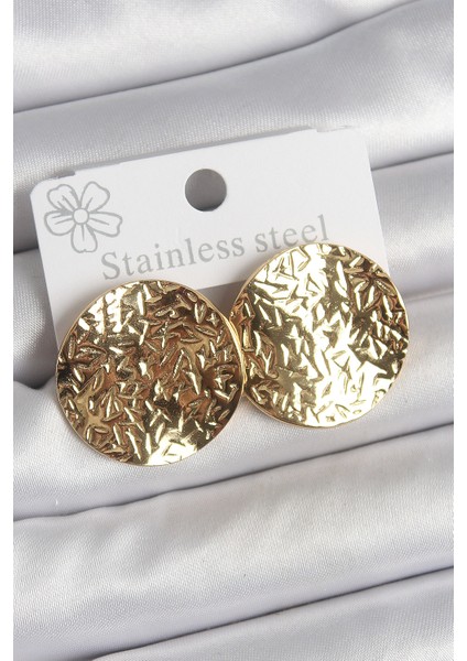 316 Çelik Gold Renk Işlemli Daire Plaka Model Kadın Küpe