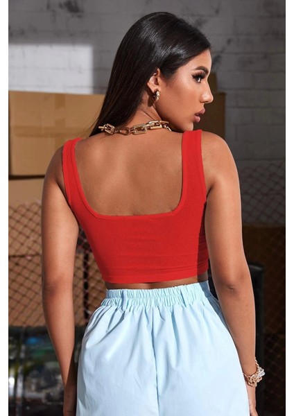 Kadın Kırmızı Kalın Askılı Crop Top Büstiyer