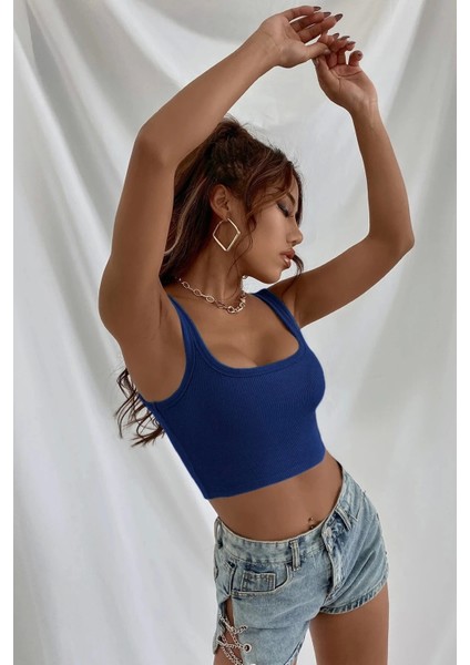 Kadın Lacivert Kalın Askılı Crop Top Büstiyer